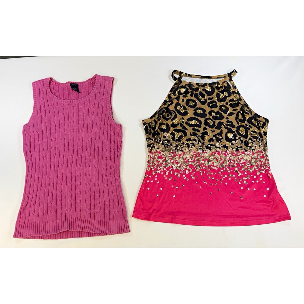 GAP Womens M Pink Cable-Knit Tank & Leopard Halter Sleeveless Top Set